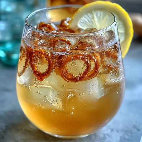 A tall glass of ginger prebiotic lemonade with ice, garnished with lemon slices and mint leaves.