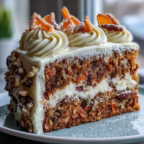 Layered Easter carrot cake with tangy cream cheese frosting and elegant candied carrot garnishes, ideal for holiday gatherings.