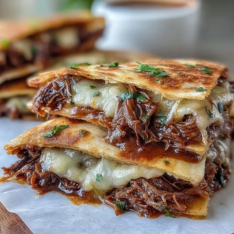 Golden brown Cinco de Mayo Birria Quesadillas with rich, savory consommé dip.