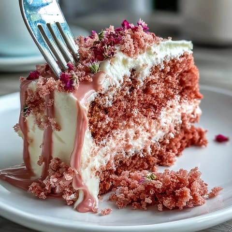 Elegant pink velvet cake infused with rosé wine, layered with cream cheese frosting and adorned with a shimmering edible gold drip for bridal shower perfection.