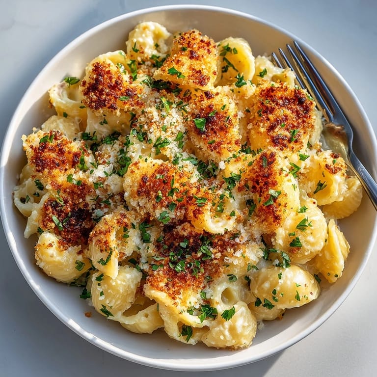 Creamy Garlic Parmesan Mac and Cheese featuring melted cheese and fresh parsley, perfect for family dinners.