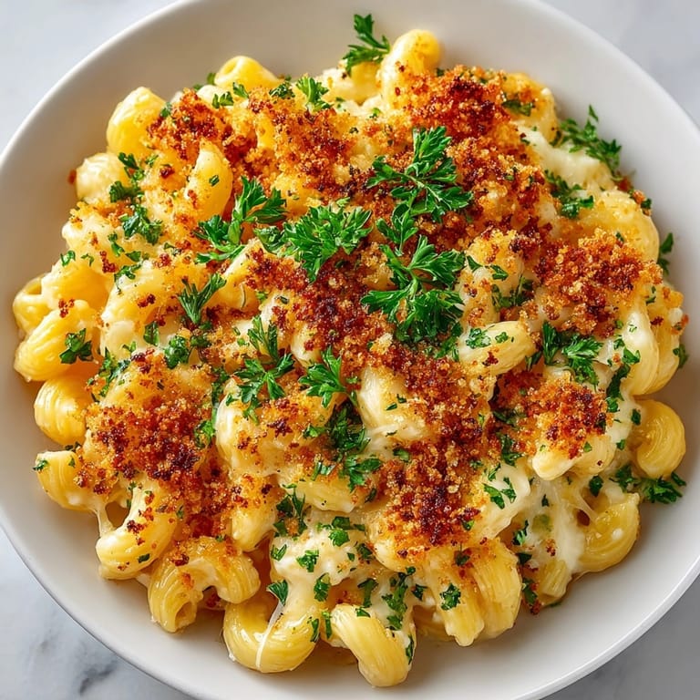 Rich and savory Garlic Parmesan Mac and Cheese with toasted breadcrumb topping, ready to enjoy as comfort food.