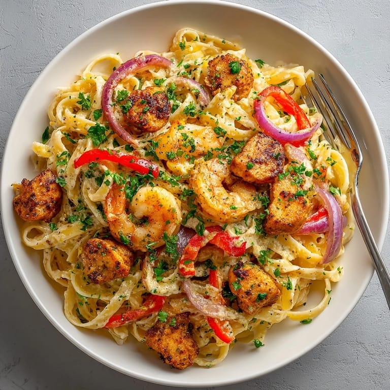 Steaming bowl of Cajun Chicken and Shrimp Pasta tossed with fettuccine and melted Parmesan cheese.