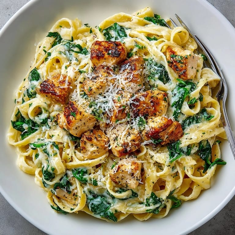 Steaming plate of creamy chicken Alfredo pasta topped with cheese, perfect for a cozy dinner.