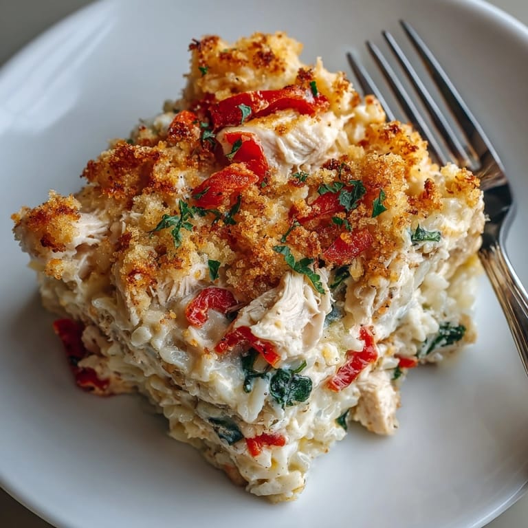 Hearty Chicken, Rice, and Feta Casserole with tangy feta, perfect for cozy family dinners.