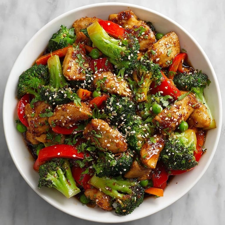 Close-up of No-Fuss 20-Minute Stir-Fry featuring crisp broccoli, red bell pepper, and tender protein.
