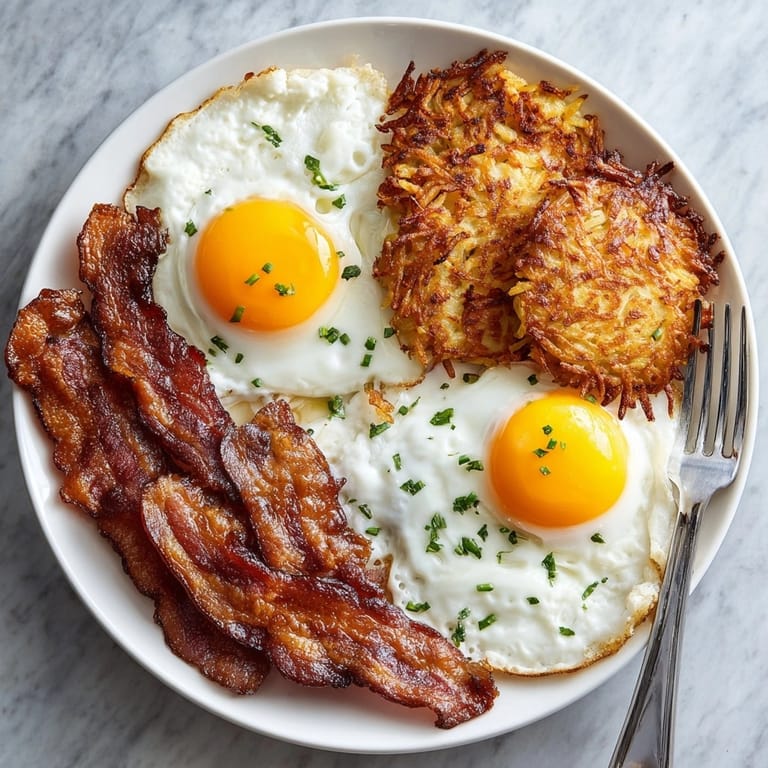 Hearty bacon, eggs, and hash browns on a white plate, ready for a comforting breakfast.