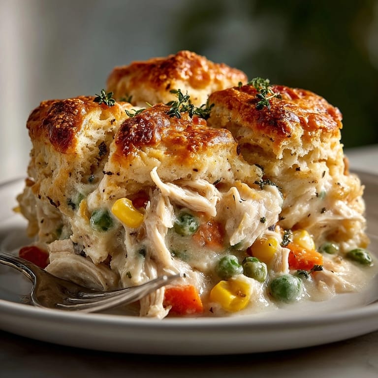 Hearty Cheesy Skillet Chicken Pot Pie Casserole with creamy vegetables under a crisp cheddar topping.