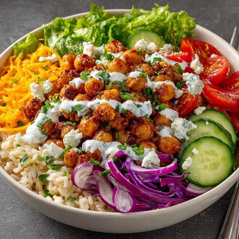 Freshly prepped 15-Minute Buffalo Chickpea Meal Prep Bowls featuring spicy chickpeas over rice and vibrant vegetables