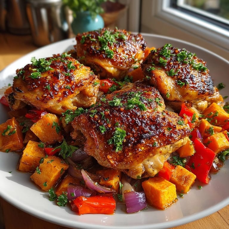 Succulent one-pan honey garlic chicken with sweet potato hash garnished with fresh parsley for dinner.