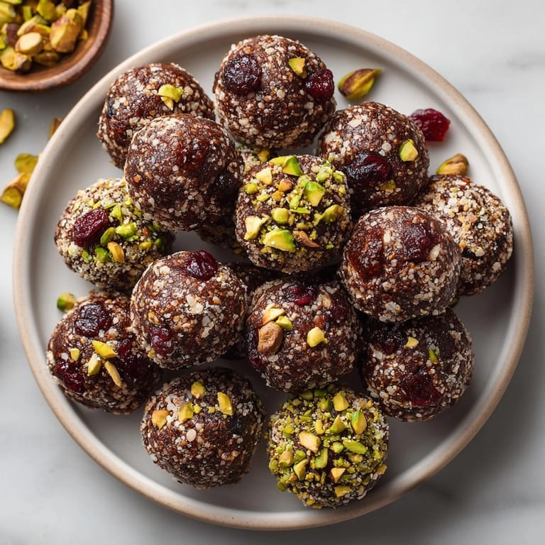 Fresh Cherry-Coded Chocolate Energy Bites with Pistachios chilled on parchment, perfect for an easy, wholesome snack.