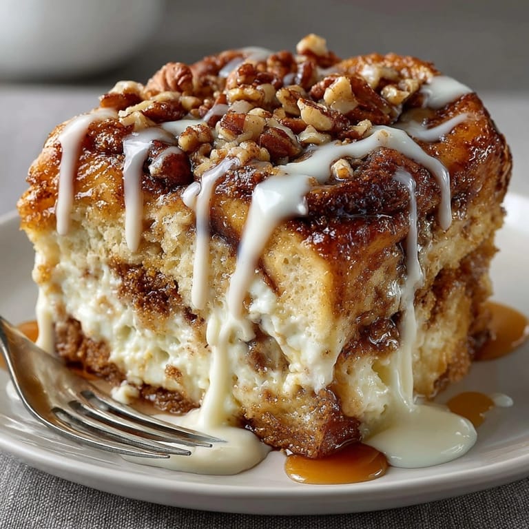 All-American Cinnamon Roll French Toast Casserole fresh from the oven, topped with chopped pecans and sweet icing.