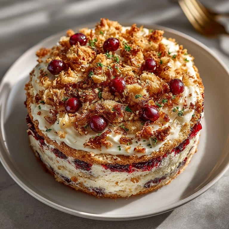 Moist turkey-infused Chaos Cake Turkey Day Disaster with Stuffing Sprinkles, featuring creamy frosting and golden stuffing crumbles.