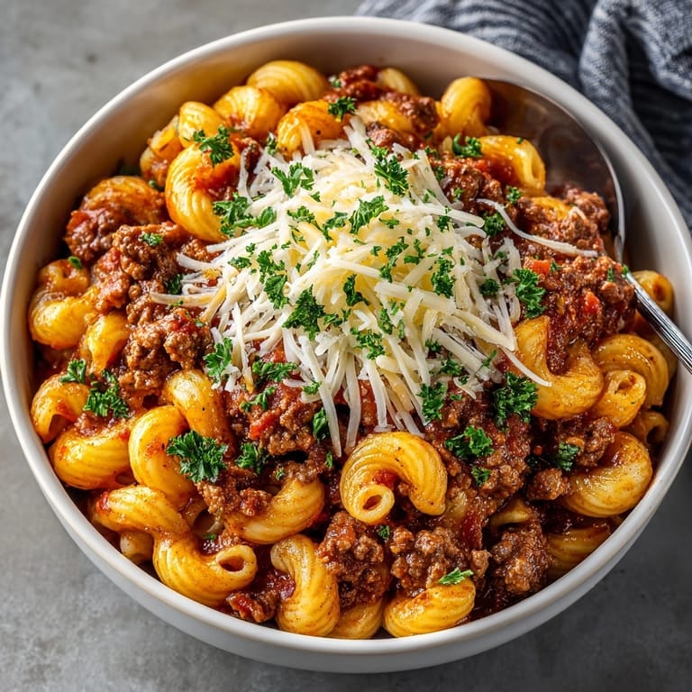 A close-up of flavorful Grandma's Goulash, the perfect family recipe with tomato sauce.