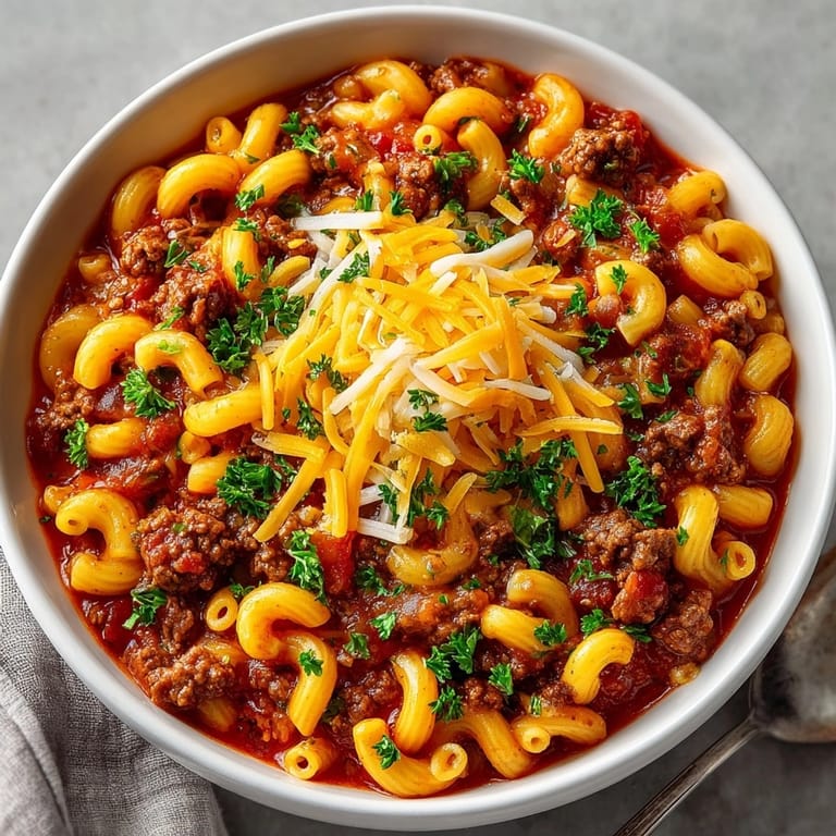 Hearty, bubbling pot of Grandma's Goulash, ready to serve with cheesy goodness for everyone.