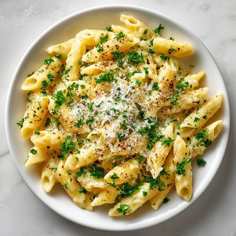 Golden, glistening Creamy Garlic Penne Pasta coated in rich sauce with a sprinkle of fresh herbs.