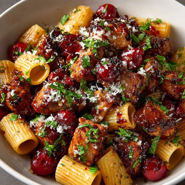This Cherry Bourbon Glazed Pork Pasta Bowl features tender pork glistening with a sweet, tangy glaze, ready to eat.
