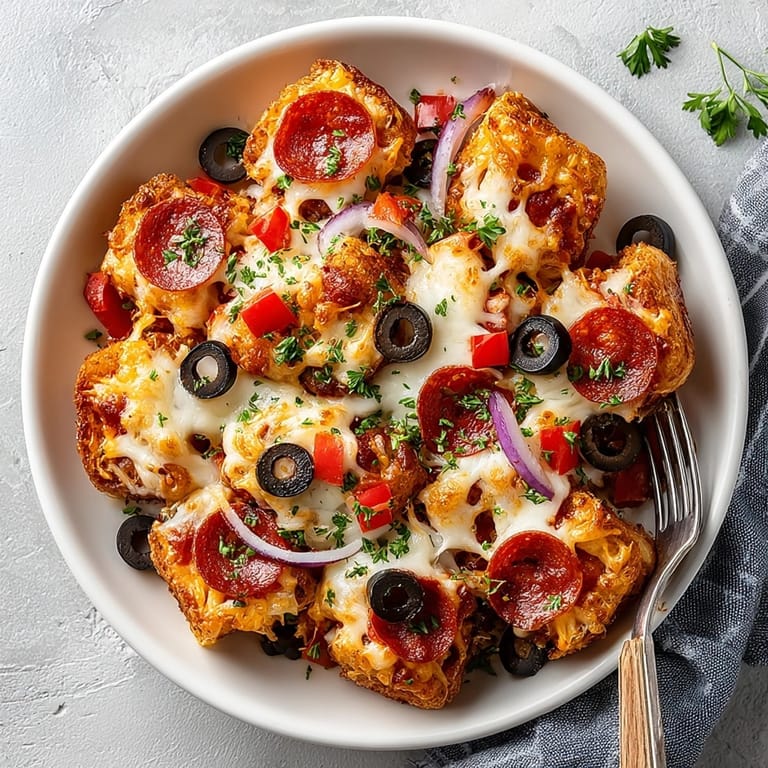 Close-up of a comforting, cheesy Pizza Bagel Bites Casserole with a fragrant herb garnish, ready to enjoy.
