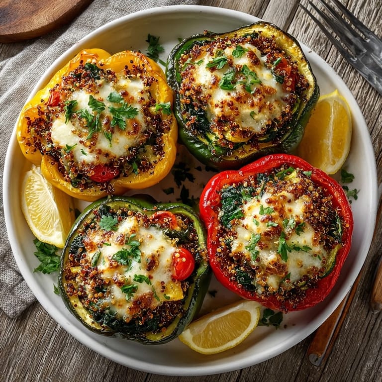 Warm, filling Quinoa Stuffed Bell Peppers: Vibrant, colorful peppers brimming with savory quinoa and vegetables, offering a complete vegetarian meal.