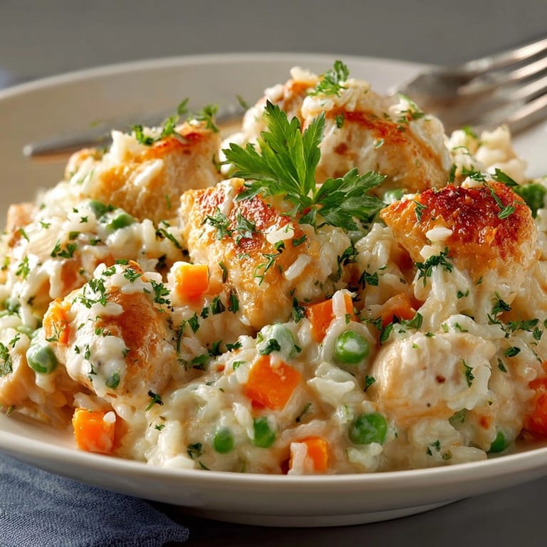 A close-up view of the hearty One-Pot Creamy Chicken and Rice, garnished with parsley.