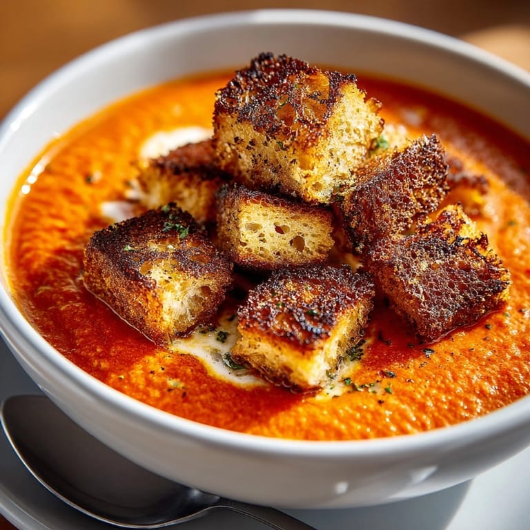 Vibrant photo of creamy tomato soup, dotted with toasted grilled cheese croutons; a tasty vegetarian lunch.