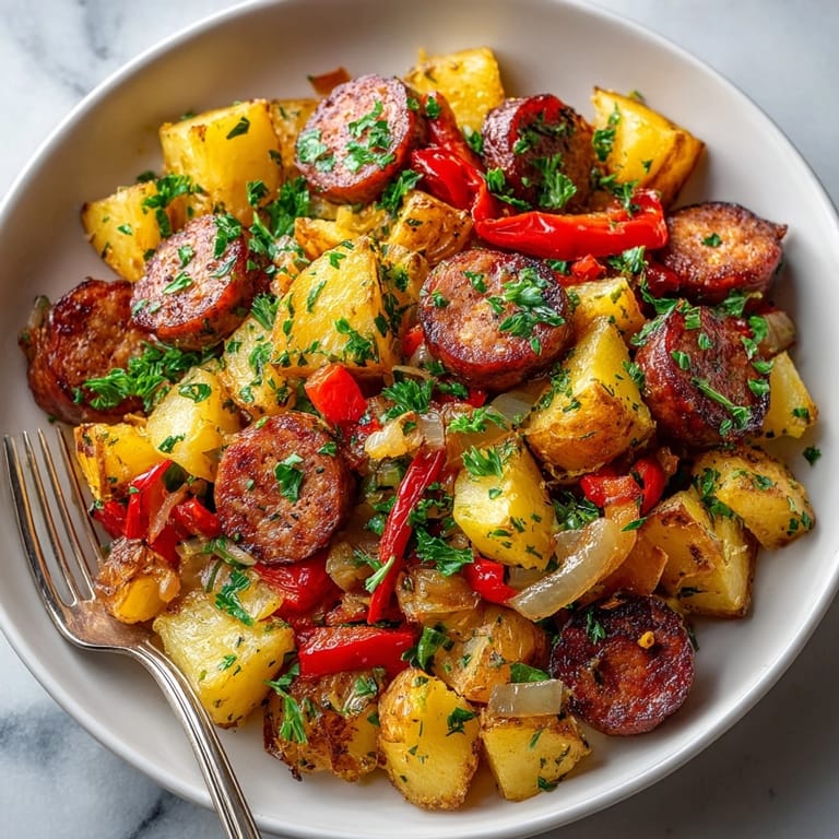 Golden-brown sausage and potato hash, served piping hot, a comforting American breakfast or brunch.