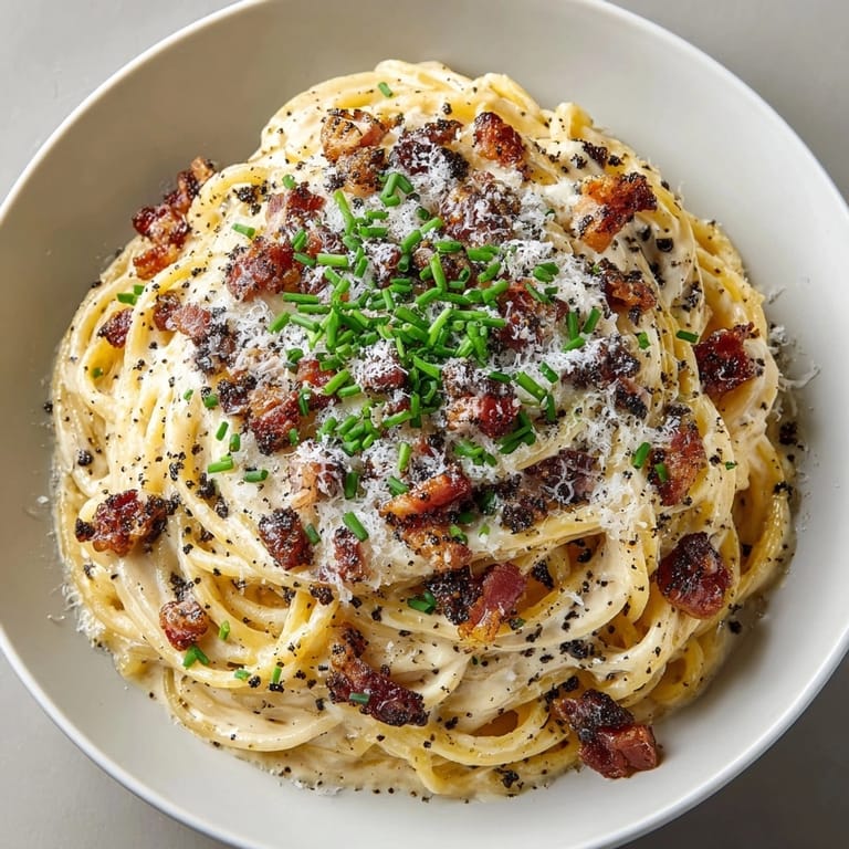 Fusion miso carbonara with umami black garlic, topped with green onions and extra cheese