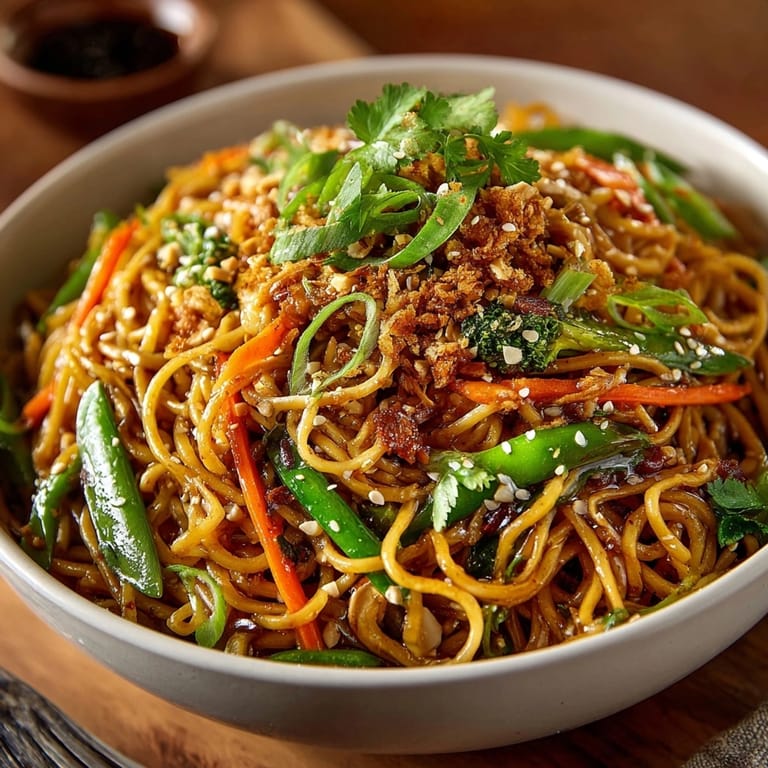Close-up of Ginger Garlic Noodles with Crystallized Ginger Crunch, highlighting sweet-spicy topping and aromatic steam.