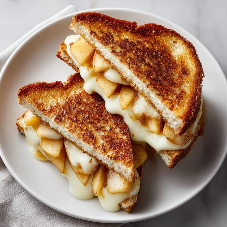 Cinnamon apple grilled cheese served hot, showing gooey cheese and sweet apple layers inside.