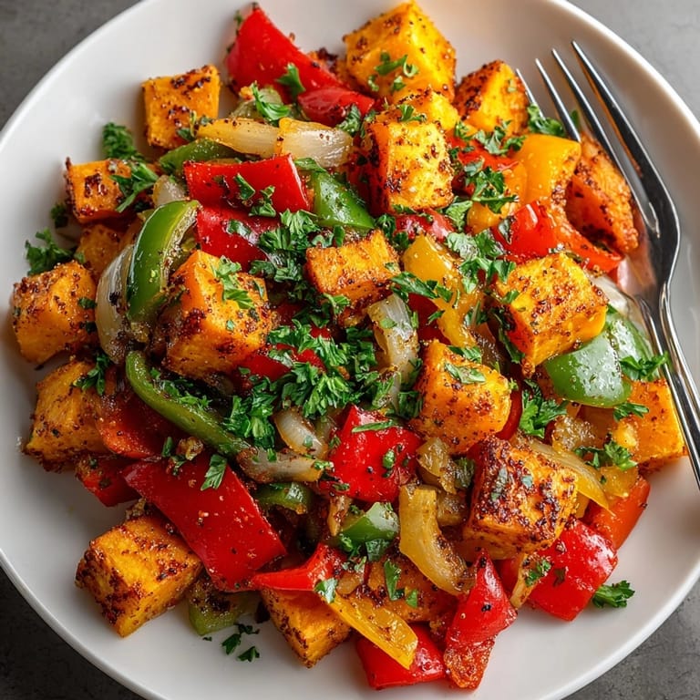 Golden cubes of Cinnamon-Spiced Sweet Potato Hash garnished with fresh parsley for a cozy brunch