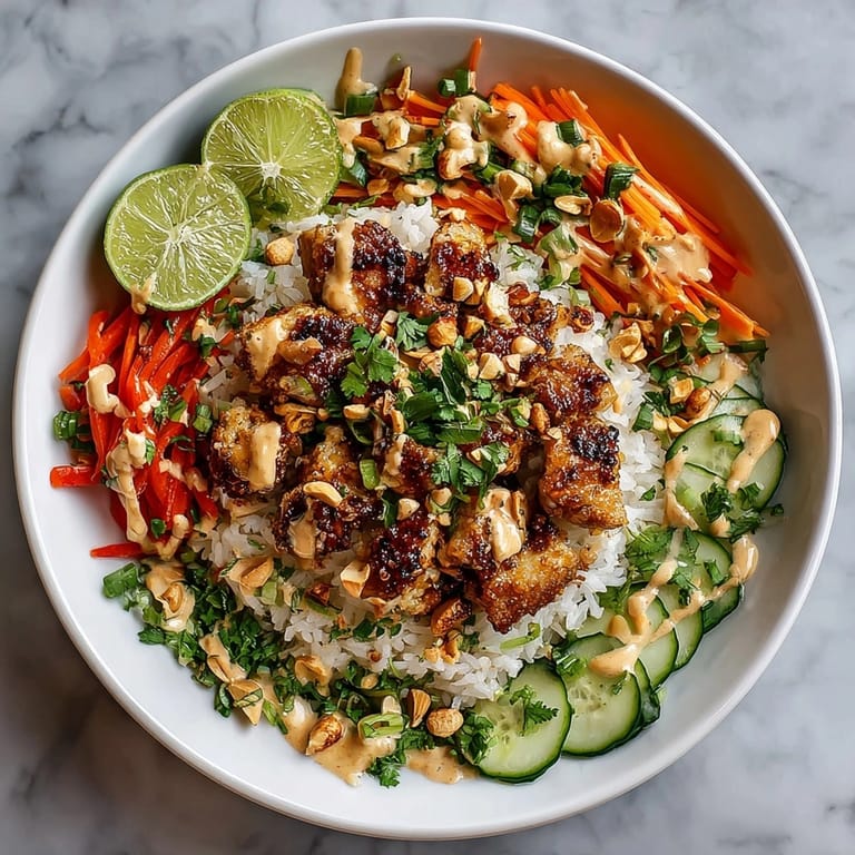 Close-up of Thai Peanut Chicken Bowls drizzled with spicy peanut sauce, perfect for a quick, flavorful dinner