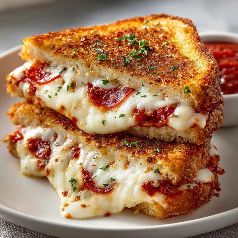 Plated Pizza Grilled Cheese served hot with a side of marinara dipping sauce.