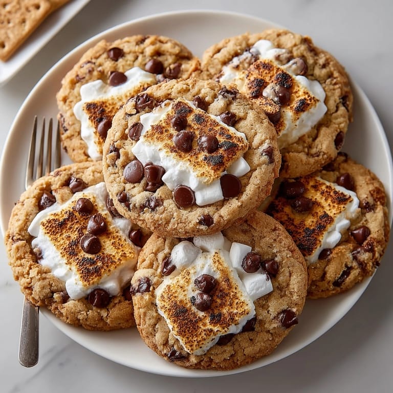 Golden-baked Chocolate Chip S'Mores Cookies showing crispy edges, melted chocolate chips, and toasted marshmallows.