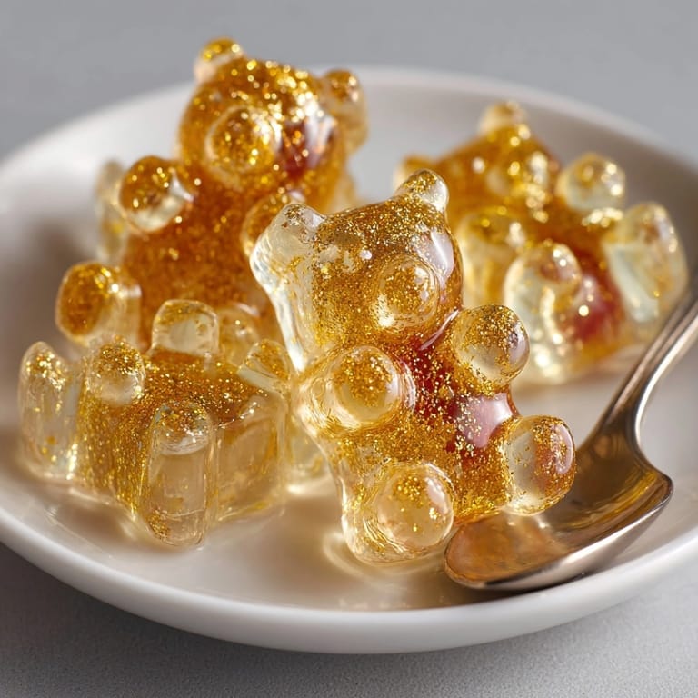 Golden, shimmering Champagne &quot;Mocktail&quot; Gummy Bears, perfect vegan candy for celebrations or snacks.