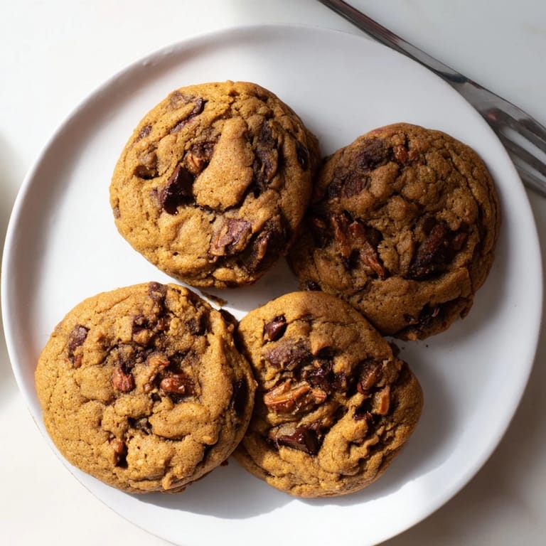Freshly baked pumpkin chocolate chip cookies with toasted pecan butter and sweet chocolate bursts.