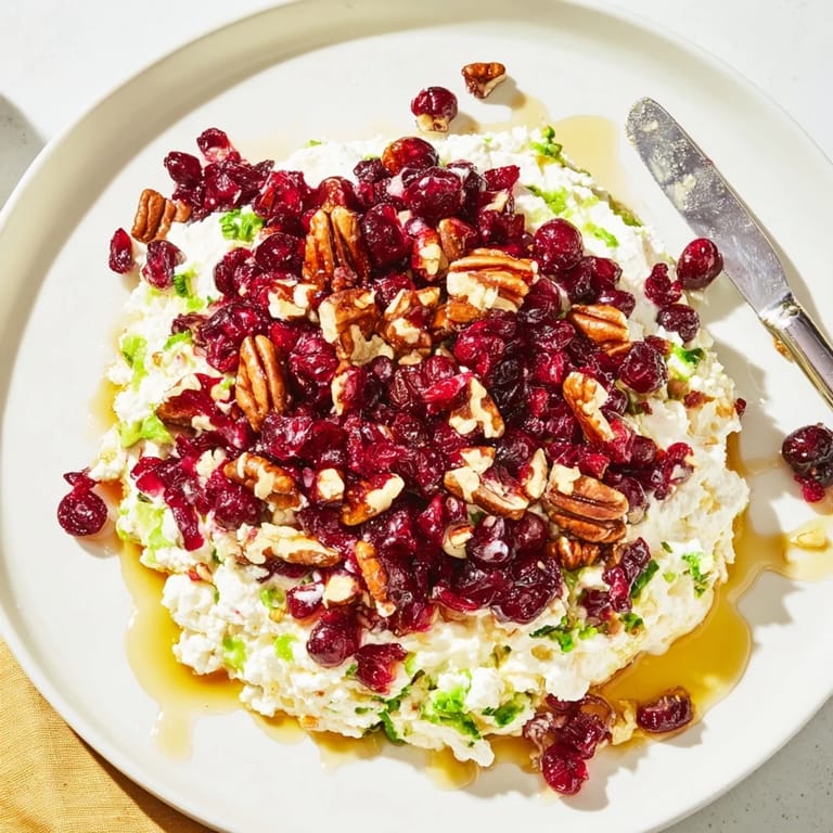Tangy cranberry jalapeño dip over cream cheese, drizzled with honey for flavor.