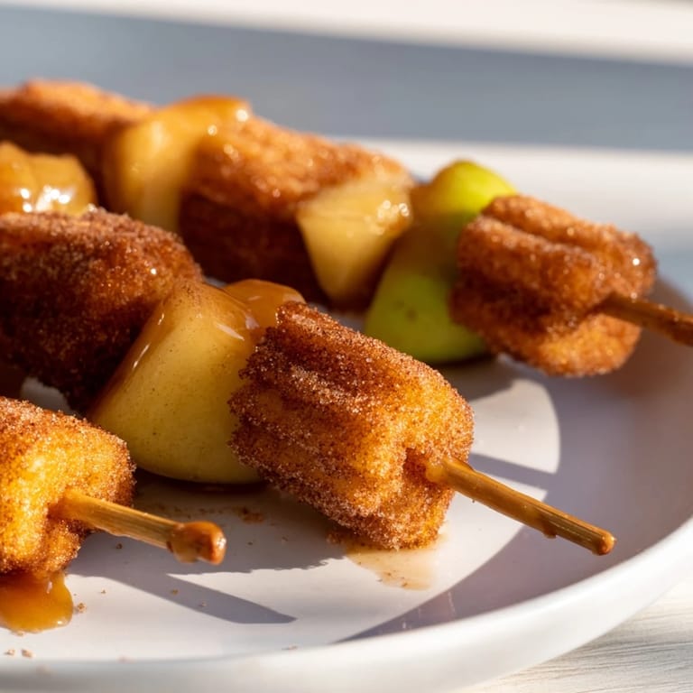 Delicious churro bites and tender caramelized apples skewered together for a festive treat.  