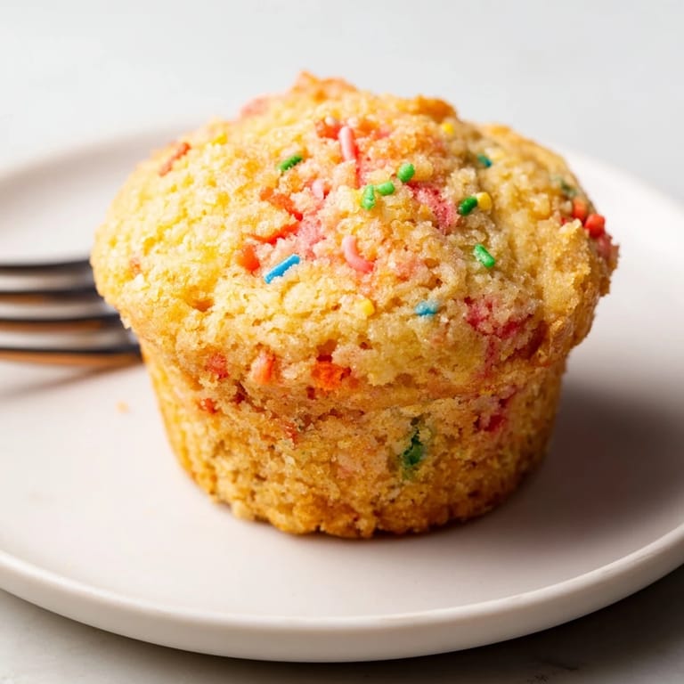 Cheerful Funfetti cornbread muffins with rainbow sprinkles, ideal for any celebration.