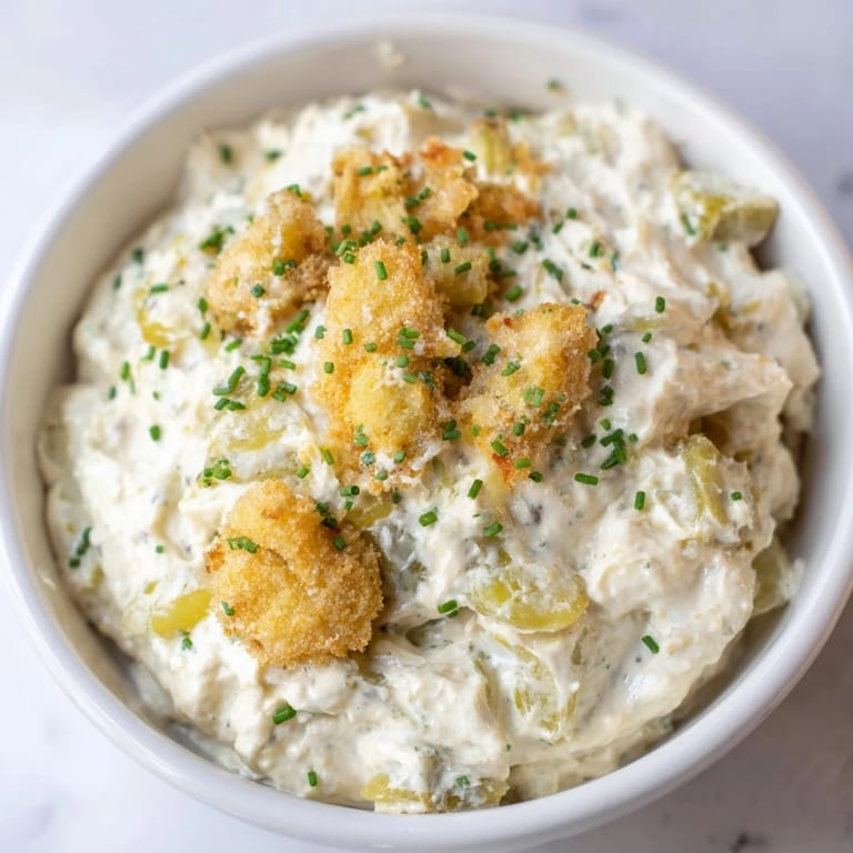 Delicious Honey Butter Fried Pickle Dip garnished with crispy pickles and fresh chives.