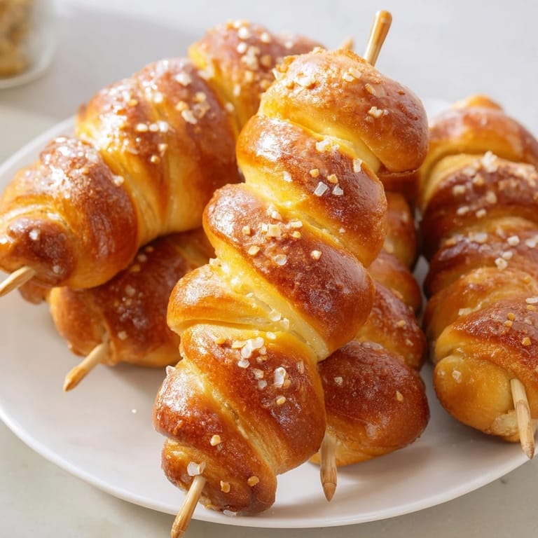 Warm and crispy Cream Soda Flaky Pretzel Biscuit Skewers perfect for sharing at gatherings.