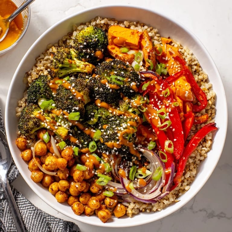 Colorful and nutritious Bold Sauce Drizzle Bowls drizzled with spicy gochujang-maple sauce.  