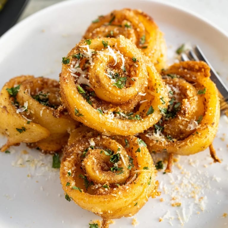 Golden-brown Air-Fryer Tornado Potatoes served with savory garlic and paprika seasoning.  