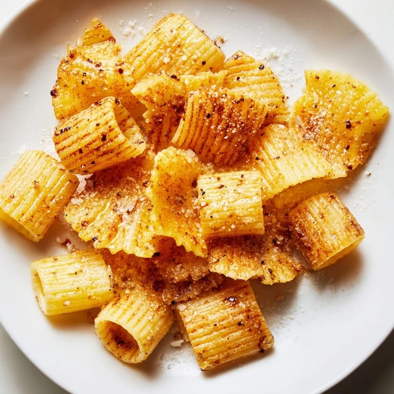 Baked pasta chips tossed in spices, perfect for sharing at gatherings or parties.  