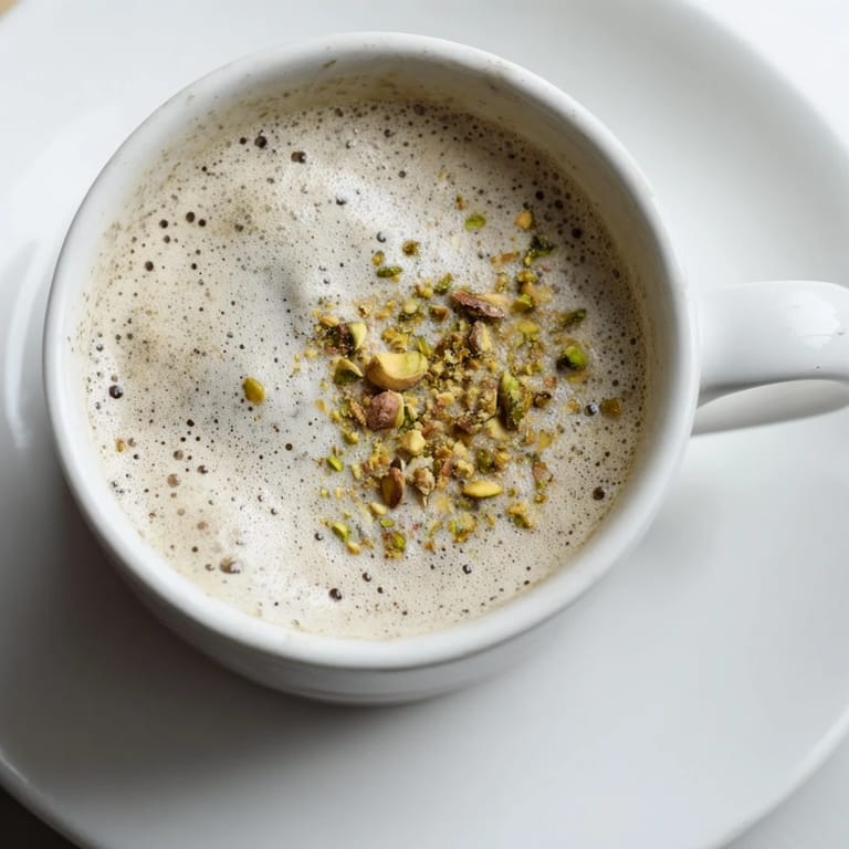 Nutty and aromatic pistachio milk latte garnished with a sprinkle of crushed pistachios.