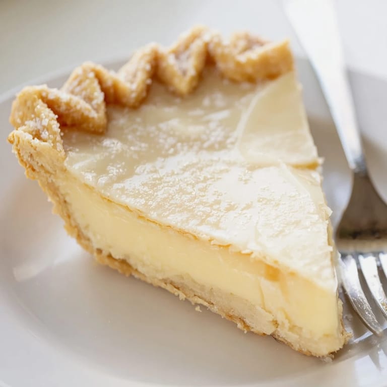 Delicate water pie, showcasing a crisp shell and sweet vanilla custard, served chilled with berries.