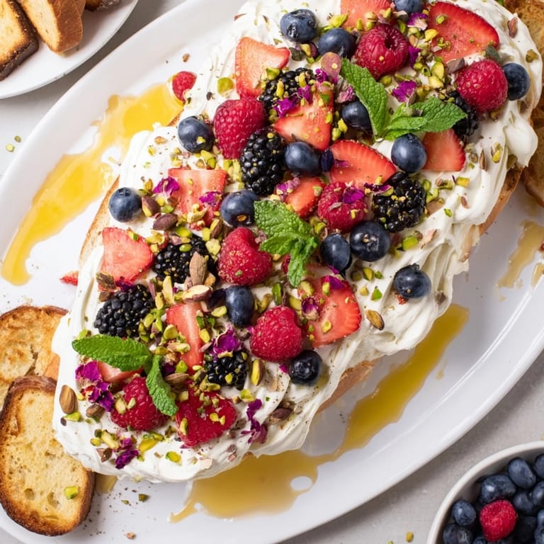Vibrant butter board dessert featuring creamy cheese, berries, and a honey drizzle.