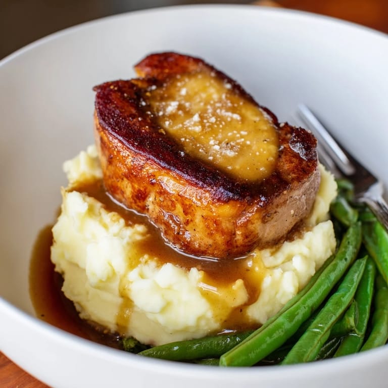 Comforting pork chops and cheddar mash bowl, garnished with crisp green beans.
