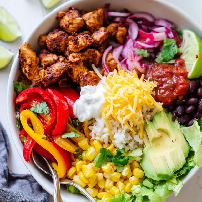 Easy to make Sheet Pan Chicken Burrito Bowls with spiced chicken and colorful toppings.  
