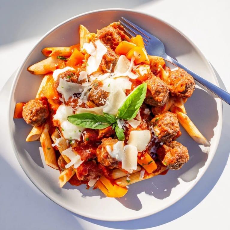 Comforting Italian Meatball Pasta Skillet with golden cheese, colorful veggies, and flavorful meatballs.