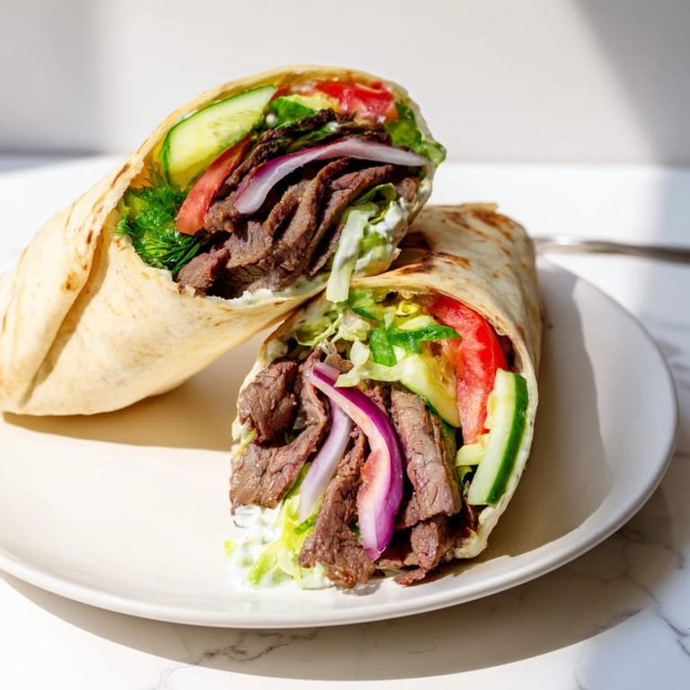 Delicious beef shawarma wraps drizzled with tangy yogurt sauce and fresh herbs.  